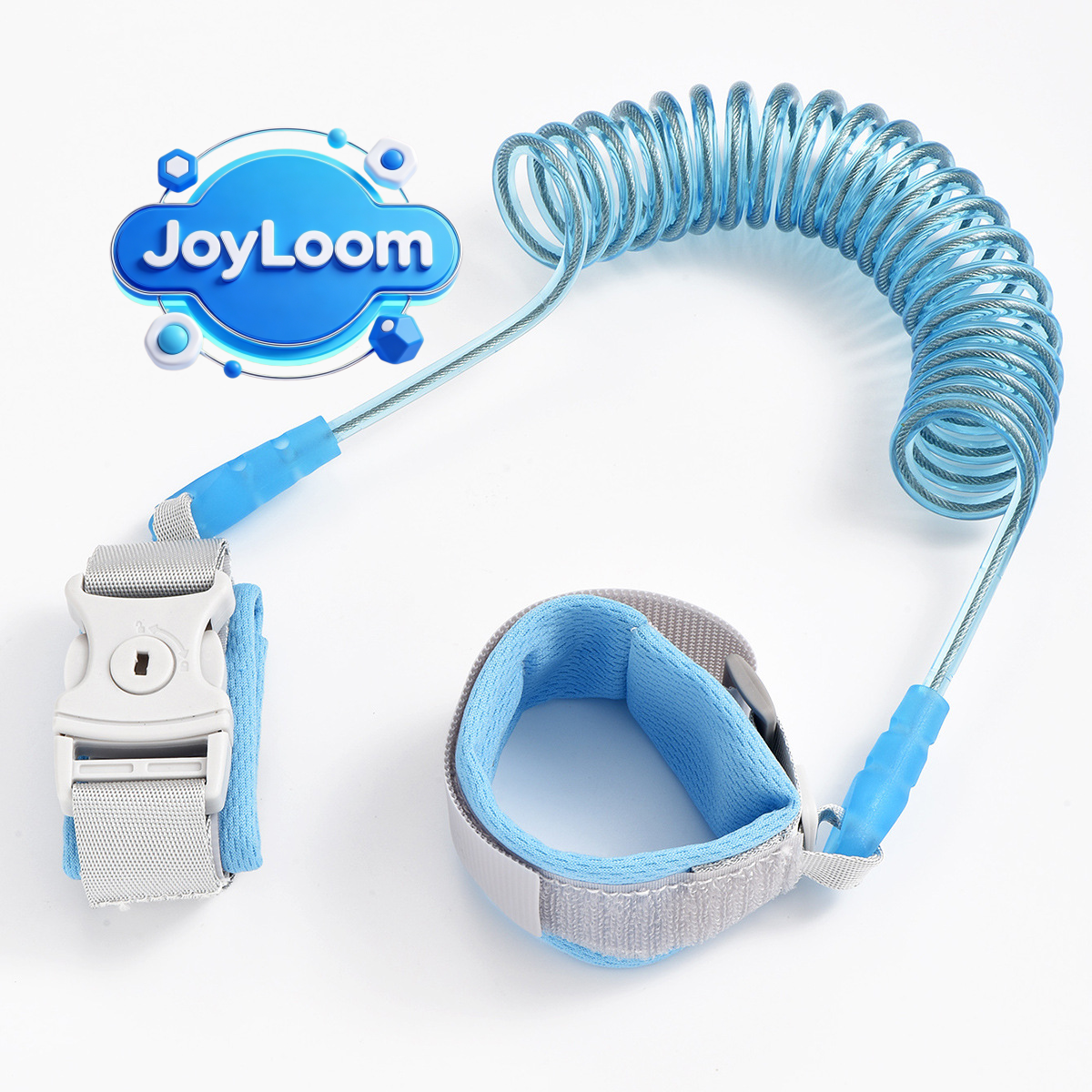 JoyLoom blue kids safety wrist link with a flexible coiled tether and two adjustable cuffs
